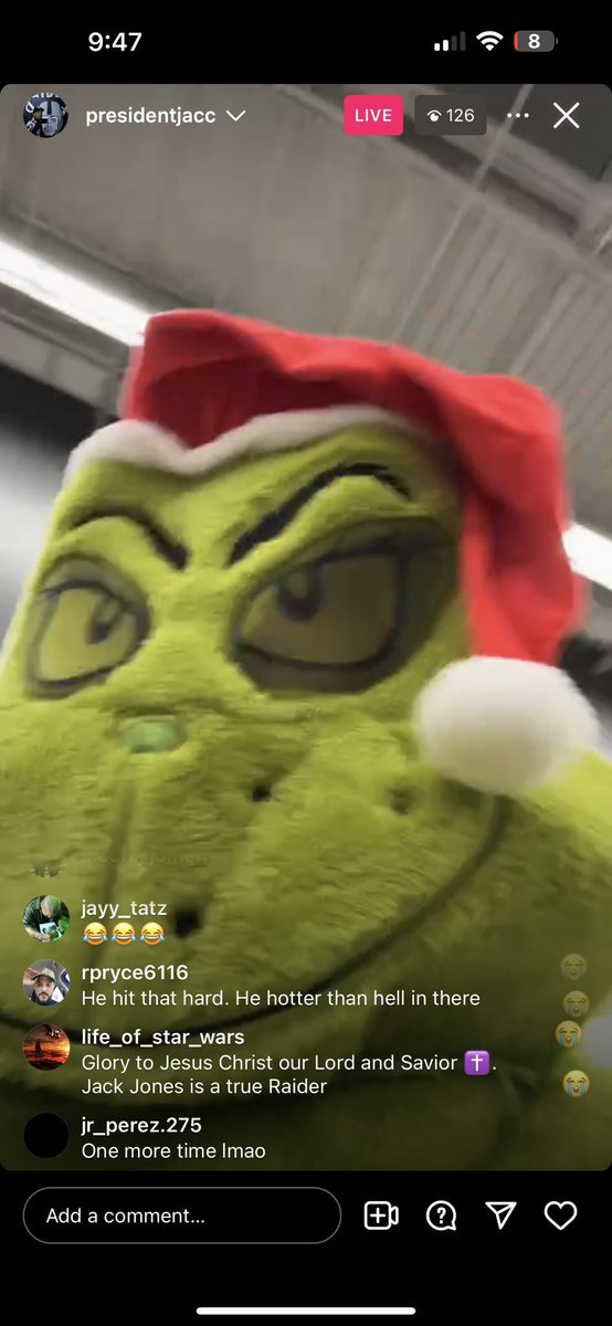 EndzoneEdwardss's tweet image. this corny CB5 @presidentjacc is on live with a grinch mask, stop living off one play against mahomes, smh so corny

Is this how our Las Vegas Raiders treat the offseason? #RaiderNation