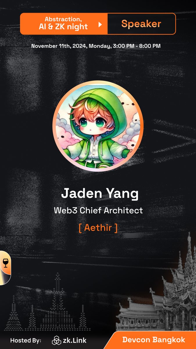 AbstractionAIzk's tweet image. Looking forward to hosting @Jadenonclouds, Web3 Chief Architect from @AethirCloud, at the Abstraction, #AI &amp;amp; #ZK Night during #DevCon2024!

👉RSVP: lu.ma/Abstraction-AI…

Panel #2: 16:50 - 17:20 GMT+8   
Topic: Dawn of AI Agents: The Role of AI Agents in Web3 Ecosystem