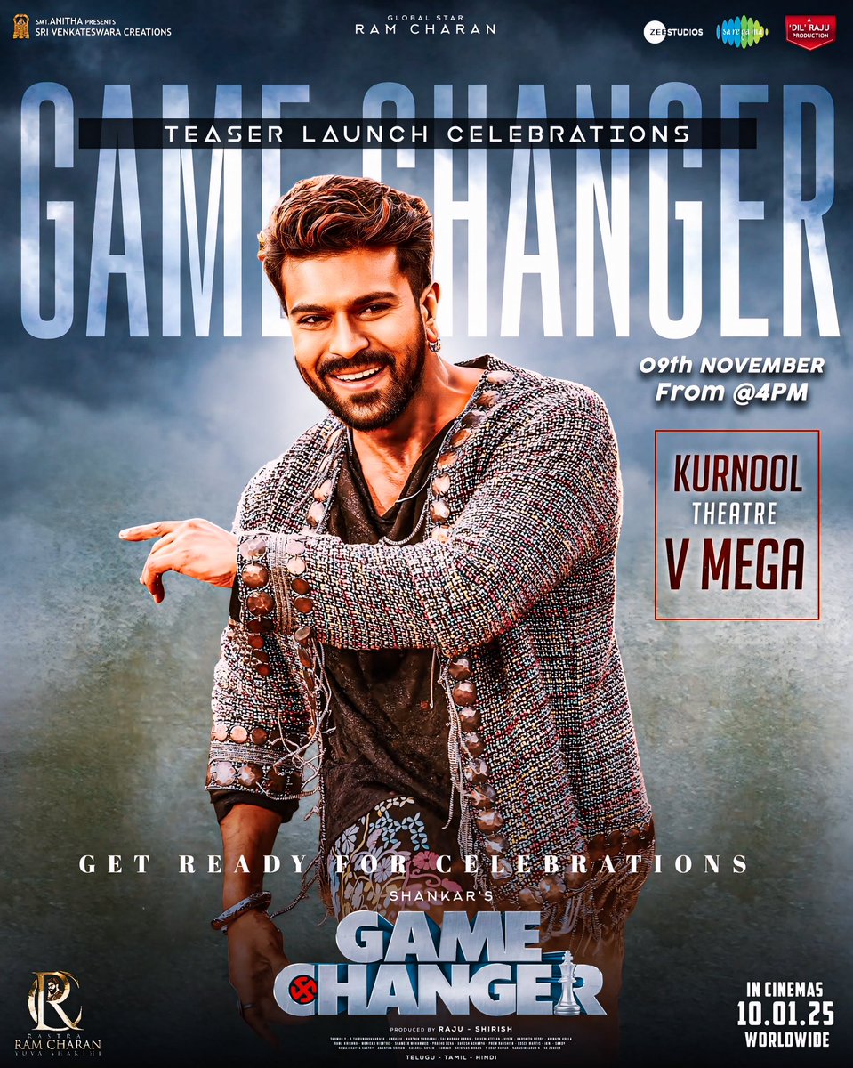 MEGA SUPPORTERS (@megasupporters) on Twitter photo Make a way for MIGHTY arrival of
Global Star <a href="/AlwaysRamCharan/">Ram Charan</a> garu's Most anticipated #GameChangerTeaser in a MASSIVE way today at 📍kurnool V mega theatre 🔥🔥
<a href="/shankarshanmugh/">Shankar Shanmugham</a> <a href="/advani_kiara/">Kiara Advani</a>
<a href="/MusicThaman/">thaman S</a> <a href="/SVC_official/">Sri Venkateswara Creations</a>
#GameChanger
#GameChangerOnJAN10 🚁 Make a way for MIGHTY arrival of
Global Star <a href="/AlwaysRamCharan/">Ram Charan</a> garu's Most anticipated #GameChangerTeaser in a MASSIVE way today at 📍kurnool V mega theatre 🔥🔥
<a href="/shankarshanmugh/">Shankar Shanmugham</a> <a href="/advani_kiara/">Kiara Advani</a>
<a href="/MusicThaman/">thaman S</a> <a href="/SVC_official/">Sri Venkateswara Creations</a>
#GameChanger
#GameChangerOnJAN10 🚁