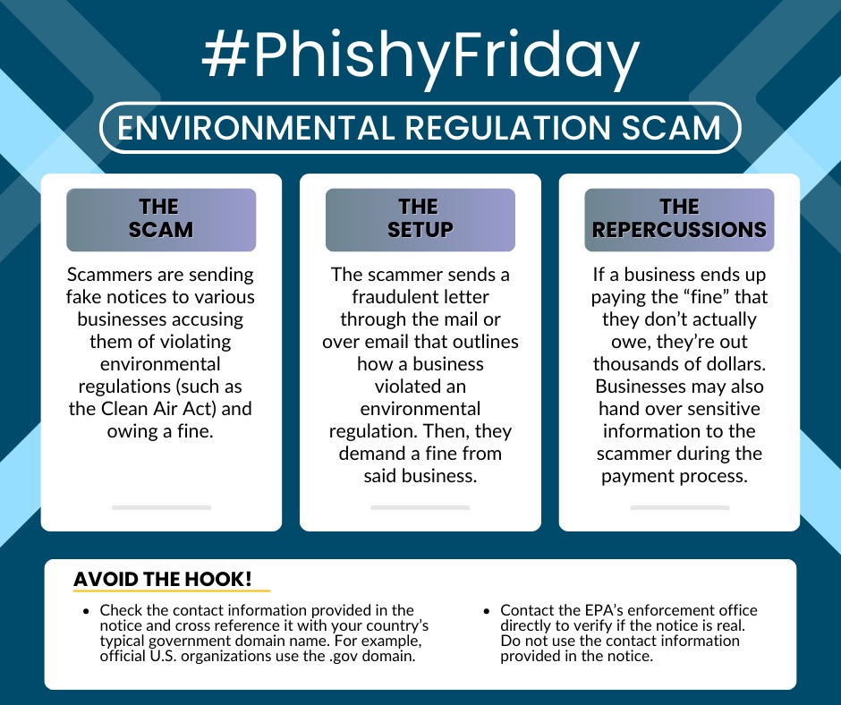 V3Global's tweet photo. Scammers are falsely accusing businesses of violating environmental regulations and are claiming they owe hefty fines. Always verify the legitimacy of any bill or fine before making a payment. #PhishyFriday https://t.co/fqEr1b0uj7