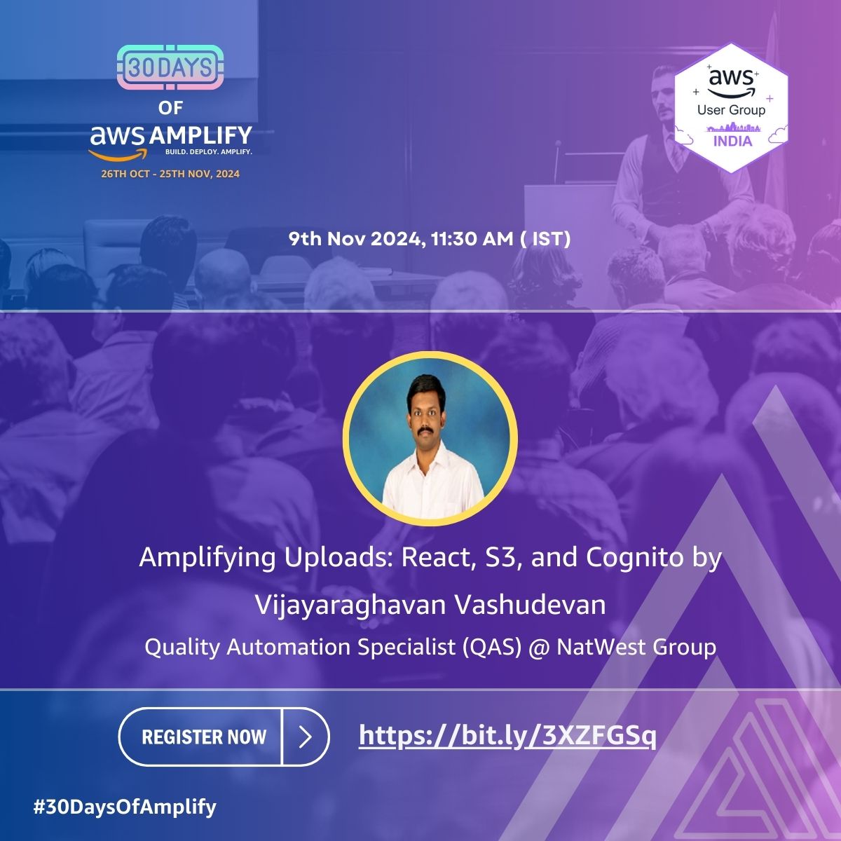AWS User Group India (@awsugindia) on Twitter photo ๐ Boost Your Uploads with AWS Amplify, React, S3 & Cognito! ๐
Join us for #30DaysOfAmplify live with <a href="/vjraghavanv/">vijayaraghavan vashudevan</a> on "Amplifying Uploads: React, S3 & Cognito."
๐
9th Nov 2024
โฐ 11:30 PM IST
๐ Register: lnkd.in/dXvZcBhC
#30DaysOfAmplify ๐ Boost Your Uploads with AWS Amplify, React, S3 & Cognito! ๐
Join us for #30DaysOfAmplify live with <a href="/vjraghavanv/">vijayaraghavan vashudevan</a> on "Amplifying Uploads: React, S3 & Cognito."
๐
9th Nov 2024
โฐ 11:30 PM IST
๐ Register: lnkd.in/dXvZcBhC
#30DaysOfAmplify