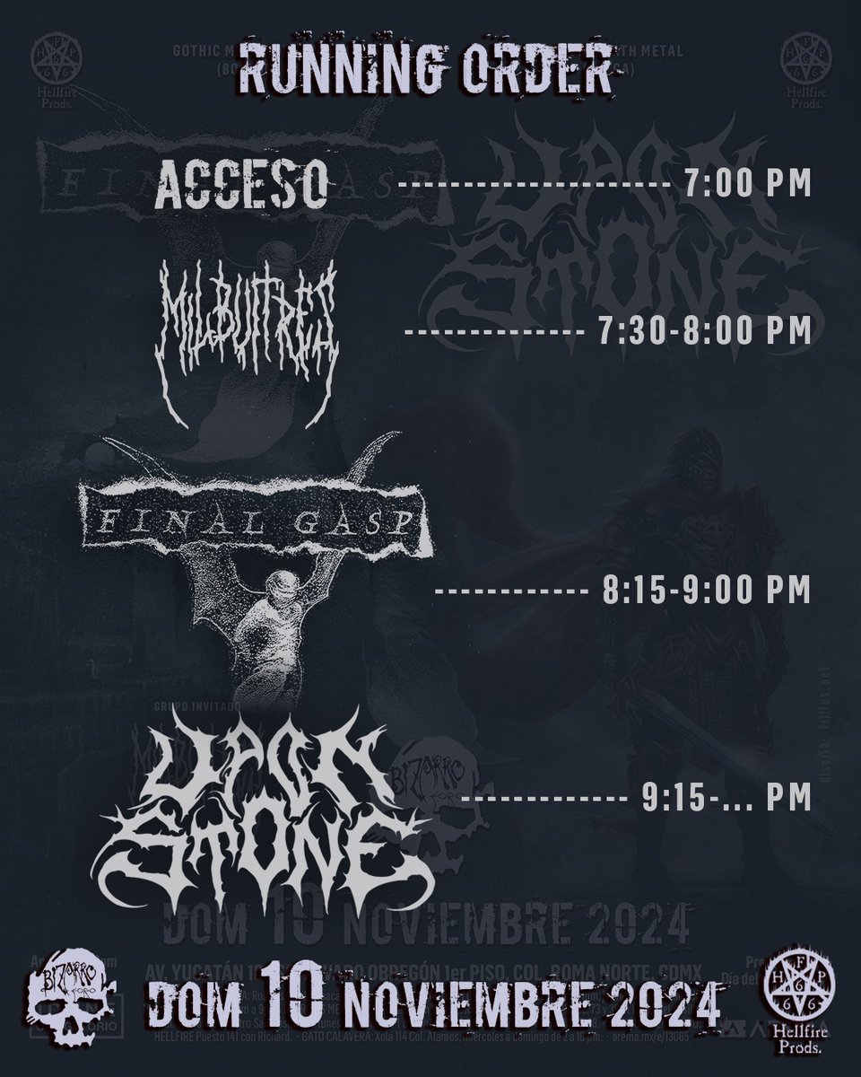 BBeat105's tweet photo. Acá los horarios del show del domingo en el @BizarroCafe con #UponStone, #FinalGasp y #Milbuitres

#HellfireProductions, #FuerzaBookingMexico, #LaMezcalli

A quiénes veremos por allá?

#StayBlast
#BlastBeat105 https://t.co/BhSDMpLDVu