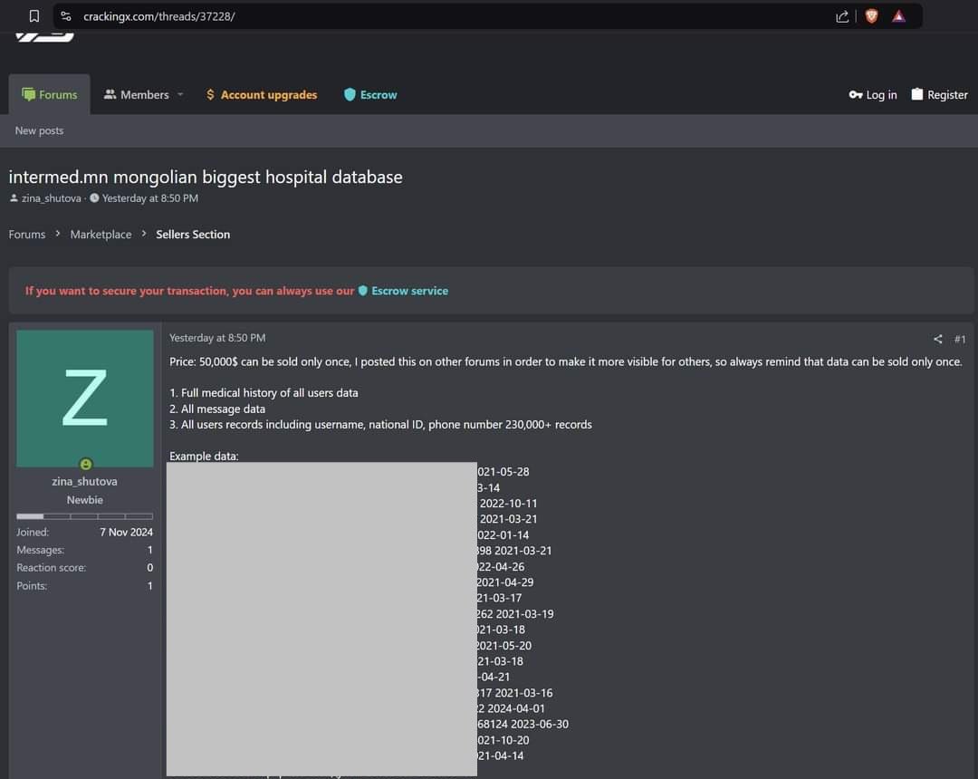 Intermed хямд биш. Зүгээр үзүүлээд гарахад овоо хэд, хэвтэхэд бүр нэлээн их мөнгө гардаг.

Гэтэл өвчнийхөө мэдээллийг гадагш алджээ. Тэрийг нь 50 мянган доллараар зарна гээд тавьчихсан байна.

Өвчний онош, явц, ямар эмчилгээ хийлгэсэн түүх, хүмүүсийн овог нэр, регистр, утас зэрэг