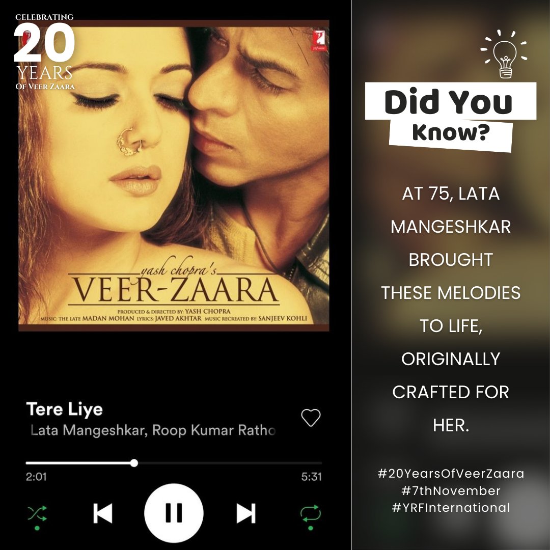 Did you know? At 75, Lata Mangeshkar breathed life into melodies crafted just for her, proving her timeless magic. ❤️

#20yearsofveerzaara #ranimukerji #yrfinternational #veerzaara #shahrukhkhan #7thnovember #preityzinta <a href="/iamsrk/">Shah Rukh Khan</a> <a href="/realpreityzinta/">Preity G Zinta</a> <a href="/yrf/">Yash Raj Films</a> <a href="/mangeshkarlata/">Lata Mangeshkar</a>