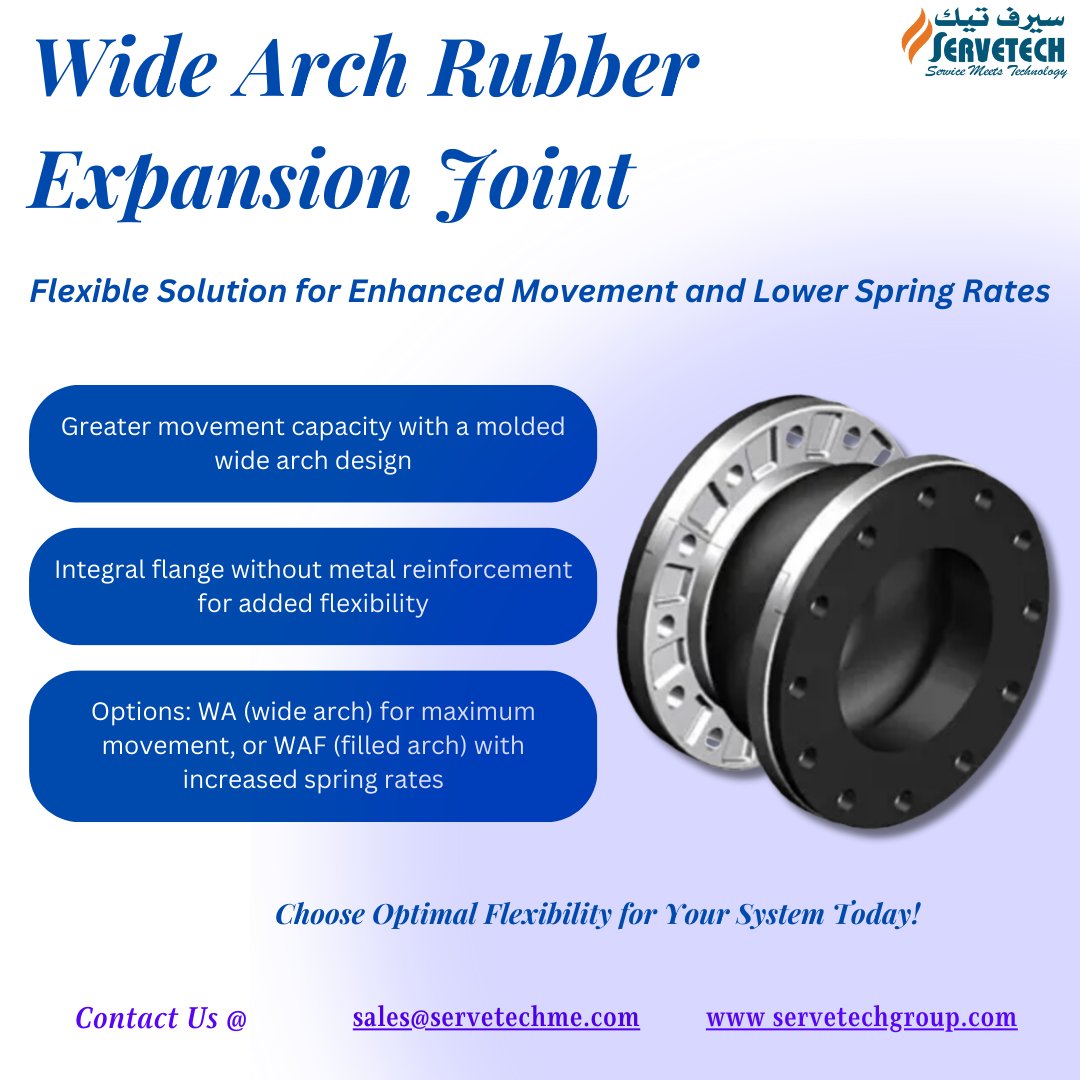 Servetech_'s tweet image. 🔹 Wide Arch Rubber Expansion Joints 🔹
Enhanced flexibility & low spring rates for piping systems!
WA: High movement, low spring rate
WAF: 50% of WA movement, 4x spring rate
Cost-effective, adaptable, and built for reliability! 🌐
#PipelineSolutions #ExpansionJoints