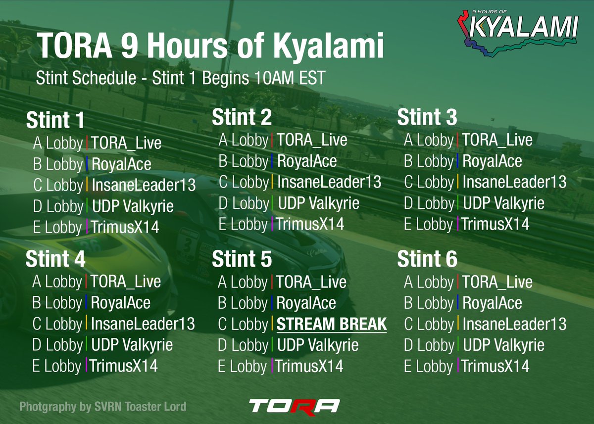 We have an amazing lineup of casters for the #Kyalami9Hour 🇿🇦

Make sure to check out the schedule below, Stint 1 starts @ 10AM EST!
 
#WeAreTORA