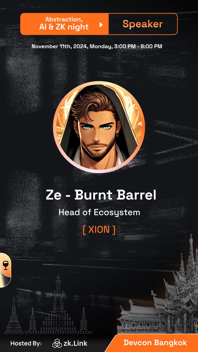 AbstractionAIzk's tweet image. We’re honoured to welcome @ZBurntBarrel, Head of Ecosystem at @burnt_xion, to the Abstraction, #AI &amp;amp; #ZK Night at #DevCon2024!

👉RSVP: lu.ma/Abstraction-AI…

Panel #3: 17:20 - 17:50 GMT+8    
Topic: Challenges and Opportunities in Chain Abstraction