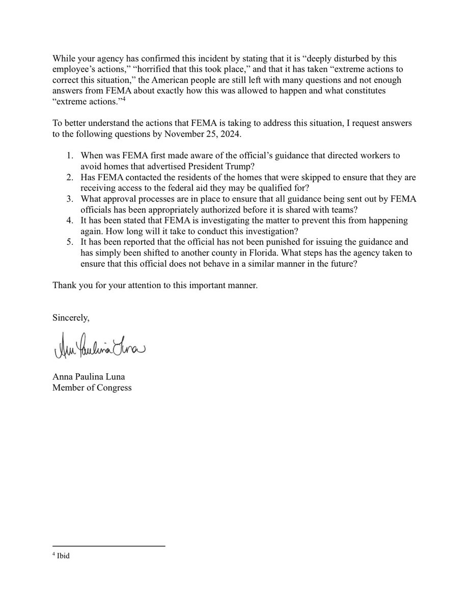 RepLuna's tweet photo. I just took swift action for the American people, and I’m demanding answers from @FEMA_Deanne on why Americans were discriminated against by their government based on who they support in an election. The findings are revolting, and we need accountability.

You have until 11/25. https://t.co/Jz2gQVmhpc