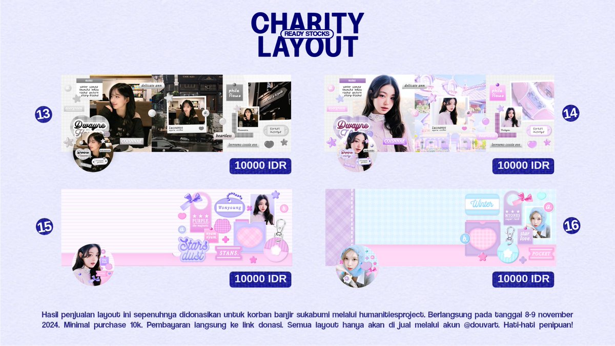 douvart's tweet image. FREE LAYOUT.

13 layout gratis dari 3 kaka sponsor baik hati, terimakasih banyak semoga dilimpahkan rezeki. silahkan rep dengan format "no. layout + cad. no. layout" contoh 17 + cad. 18. layout wajib dipakai dan shoutout.

ga saya masukin ht. YTTA buat yg bantu hype charity saja.