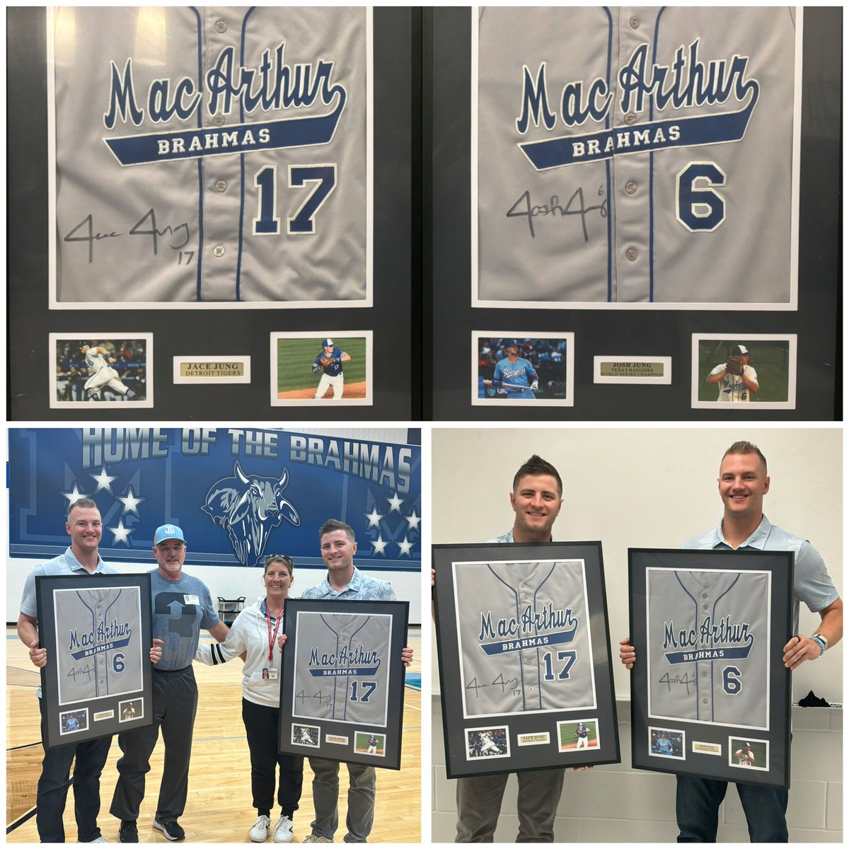 Mac had the honor of retiring 2 of the finest Alumni!
<a href="/josh6jung/">Josh Jung</a>   ‘16  Texas Rangers 
1st Rd #8 Pick  2019 Draft
<a href="/jace17jung/">Jacejung2</a>  ‘19  Detroit Tigers  
1st Rd  #12 Pick  2022 Draft
#6 &amp; #17 are officially retired!!! Thank you to the Jung family for sharing this!