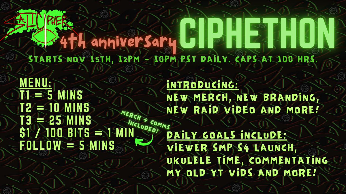 saltcipher's tweet photo. 4TH ANNIVERSARY CIPHETHON COMING TO A SALTCIPHER STREAM NEAR YOU, NOV 15TH 12PM PST! https://t.co/Bre4klFRNf