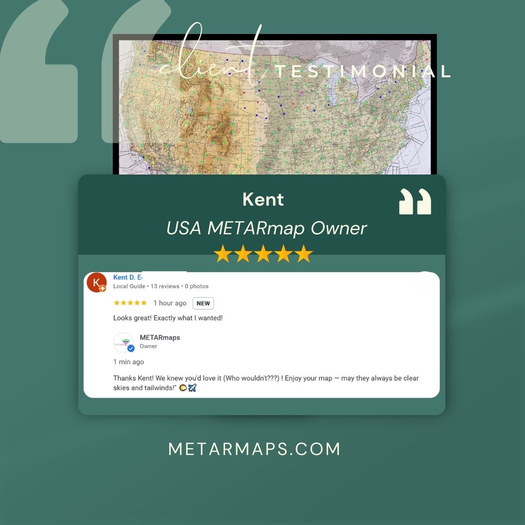 metarmaps's tweet image. We love this review! This happy pilot just snagged our USA map and now has weather real-time METAR weather data. 📷📷Got one of our maps up? Please drop us a review here 📷 g.page/r/CXkcFt5w-hOw…  
📷 Get your map here - &amp;gt; 📷 metarmaps.com/shop/usa)