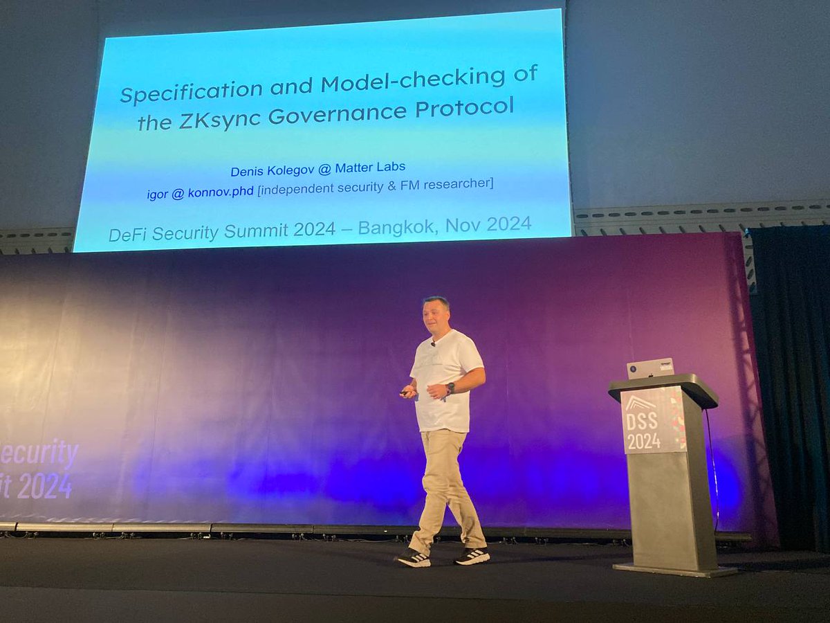 Igor Konnov -

🎙️ Live now! <a href="/k0nn0v/">igor@konnov.phd | (spec|ver)ification | security</a> presents a joint effort with <a href="/the_matter_labs/">Matter Labs (∎, ∆)</a> to formally verify <a href="/zksync/">ZKsync</a>’s Governance Protocol. Using Quint language, they model key elements to secure multi-sig ops, protocol freezes, and more.

youtube.com/watch?v=dMp6jJ…