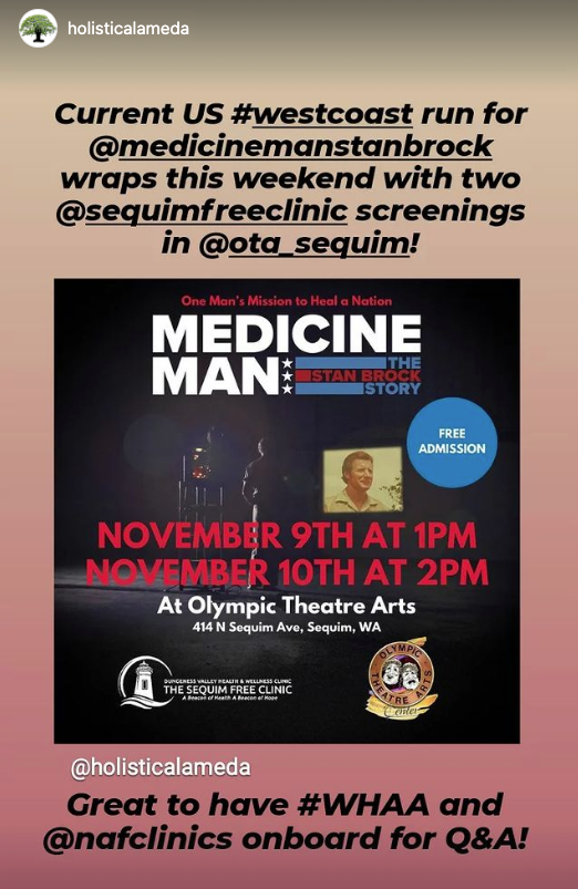 HolisticAlameda's tweet photo. Last of slated @StanBrockStory #westcoast community screenings Nov 9/10 in @ArtsOlympic hosted by #SequimFreeClinic, FREE! Q&amp;A after each follow with film director @paulangellUK, Christine Lindquist #WHAA, Nicole Lamoureux @NAFClinics #HealthcareAccess  
👉https://t.co/k5bL3b7apM https://t.co/YrpG3aFDzd
