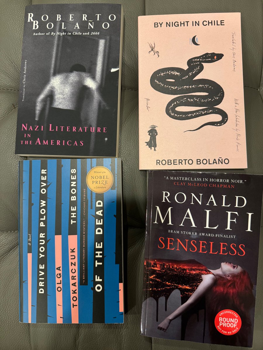 Friday book haul.  Some Bolaños, my first Tokarczuk, and a pre-release Malfi (thanks, @titanbooks!)