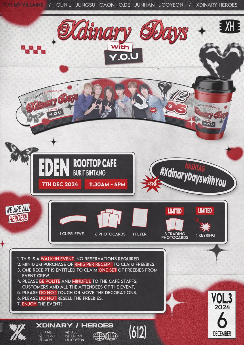 #XdinaryDayswithYou (@xhmyvillainz) on Twitter photo Dear MyVillains!
We're delighted to invite you to:
Xdinary Heroes 3rd Anniversary Cupsleeve event!
π§ππ²π·πͺπ»π ππͺππΌ ππ²π½π± π¨πΈπΎ β‘
Date : 7th December 2024
Time : 11.30am - 4pm
Venue : Eden Rooftop Cafe, Bukit Bintang
#XdinaryDayswithYou #XdinaryHeroes Dear MyVillains!
We're delighted to invite you to:
Xdinary Heroes 3rd Anniversary Cupsleeve event!
π§ππ²π·πͺπ»π ππͺππΌ ππ²π½π± π¨πΈπΎ β‘
Date : 7th December 2024
Time : 11.30am - 4pm
Venue : Eden Rooftop Cafe, Bukit Bintang
#XdinaryDayswithYou #XdinaryHeroes