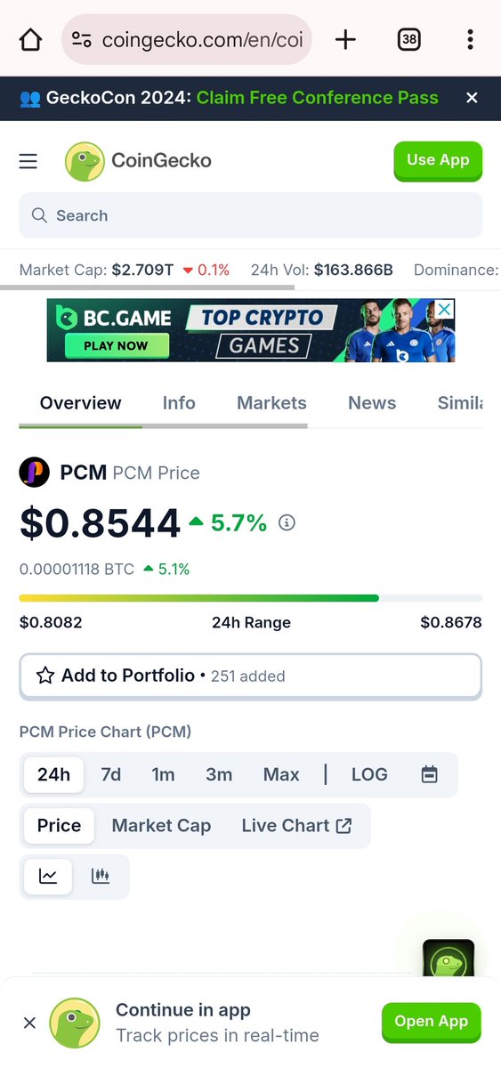 PiNetwork24X7's tweet image. $PCM Update: PCM is now live on CoinGecko, current price = 0.8544$ 🔥 

Don&apos;t miss out on the PCM mining opportunity. 👇 Read the information below and start mining today. ⛏️ 

Enter the world of #PCM and enjoy earning.

#PiNetwork #crypto #Blockchain #Web3