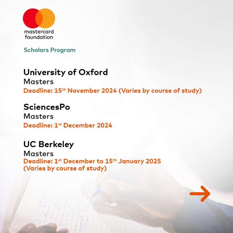 MastercardFdn's tweet photo. The Mastercard Foundation Scholars Program is a global initiative to develop the next generation of transformative leaders. Please note: Our partners fully manage the recruitment and selection process.

Learn more here: https://t.co/4QEm2LXDhF