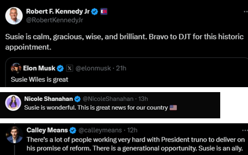 If Suzie Wiles is good enough for <a href="/RobertKennedyJr/">Robert F. Kennedy Jr</a>, <a href="/elonmusk/">Elon Musk</a>, <a href="/NicoleShanahan/">Nicole Shanahan</a> and <a href="/calleymeans/">Calley Means</a>, good first step for the Man in Orange.