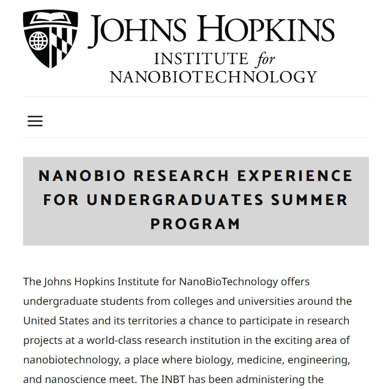 ShinuoWeng's tweet image. INBT-REU Summer 2025 is open for application. Deadline is Feb 1st, 2025. Here is the link: inbt.jhu.edu/nanobio-reu/🐸🛠️