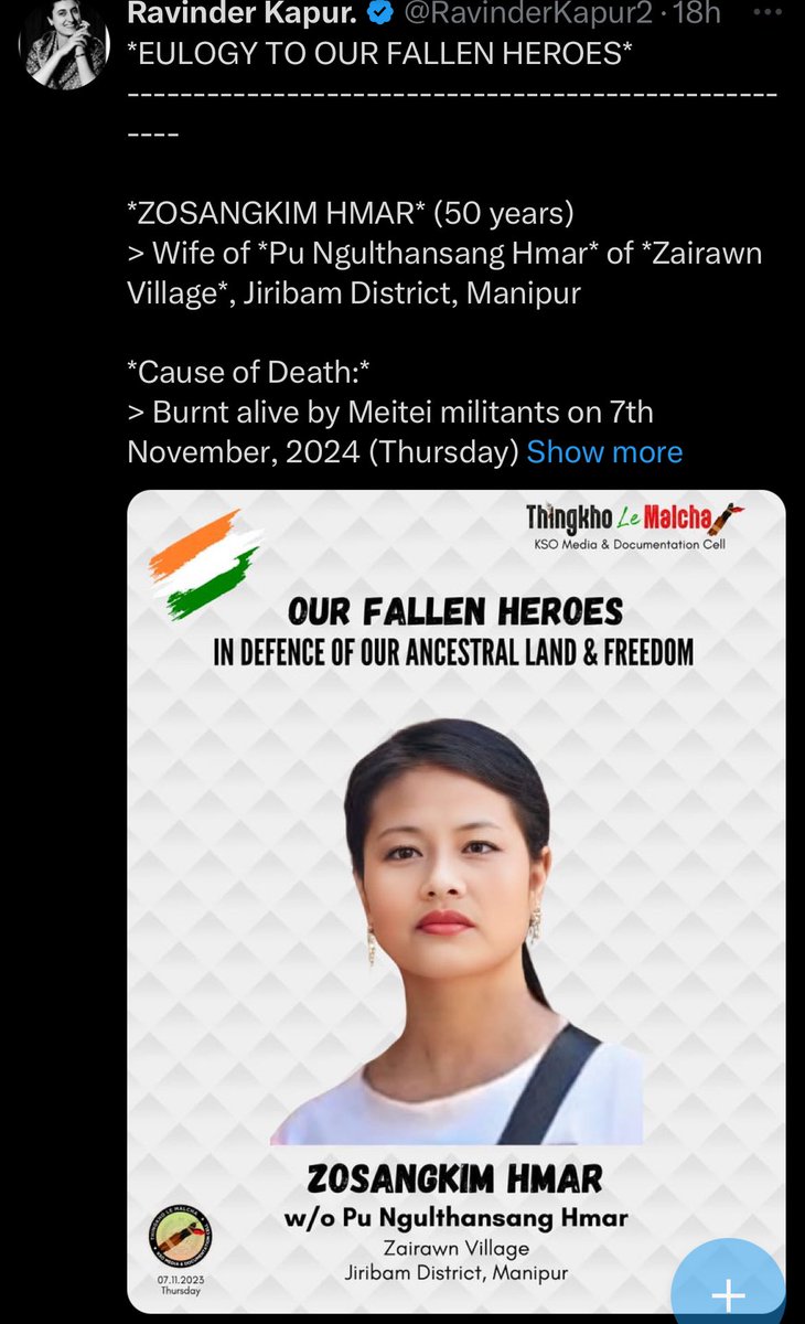 Paari_Athouba's tweet photo. We initially believed she was an innocent victim of the conflict, caught as collateral damage in the armed clashes between Chin-Kuki narco-terrorist groups and the Khunngakpa village defenders of Jiribam. However, with her recent designation as one of their “fallen heroes,” any sympathy I held for the bereaved has faded, she was, after all, aligned with the terrorist aggressors.

With her official designation as one of their fallen heroes, she is no longer seen as a victim but as a narco-terrorist aggressor combatant who died in action.