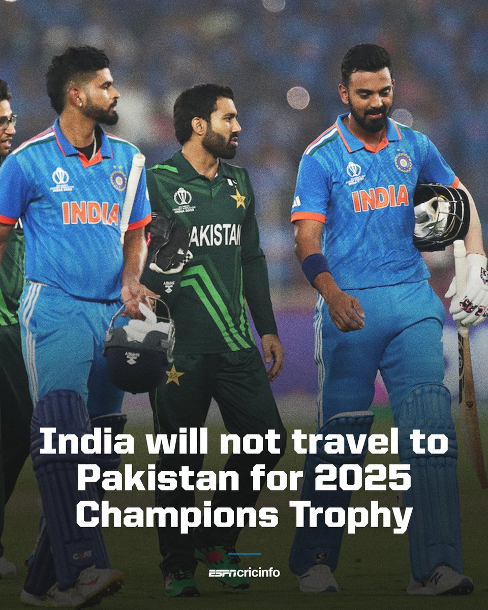 ESPNcricinfo's tweet image. The BCCI has informed the ICC that India will not travel to Pakistan to participate in the 2025 Champions Trophy es.pn/3YGXamT