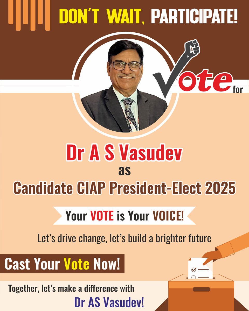 Dr A S Vasudev (@as_vasudev) on Twitter photo โฐ ๐๐๐โ๐ ๐๐๐๐, ๐๐๐๐๐๐๐๐๐๐๐!
Your VOTE is Your VOICE! ๐ฃ
I humbly ask for your vote and your trust. Together, we can drive meaningful progress and address the challenges facing our field.
Vote for Change ๐ณ๏ธ Vote for a Better Tomorrow.
#drasvasudev #IAP โฐ ๐๐๐โ๐ ๐๐๐๐, ๐๐๐๐๐๐๐๐๐๐๐!
Your VOTE is Your VOICE! ๐ฃ
I humbly ask for your vote and your trust. Together, we can drive meaningful progress and address the challenges facing our field.
Vote for Change ๐ณ๏ธ Vote for a Better Tomorrow.
#drasvasudev #IAP