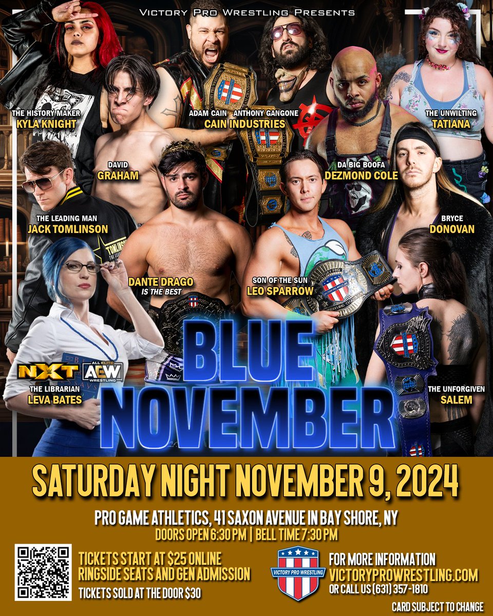 VPW_Wrestling's tweet photo. The ONLINE box office is closed, but the Pro Game box office opens in just a half hour!
Blue November
Doors open 6:30pm
Cash or credit just $30 at the door
41 Saxon Ave in Bay Shore
#VPWSellsOut #Wrestling #BluePants #BayShore #LongIsland https://t.co/2BsJa6m7bY