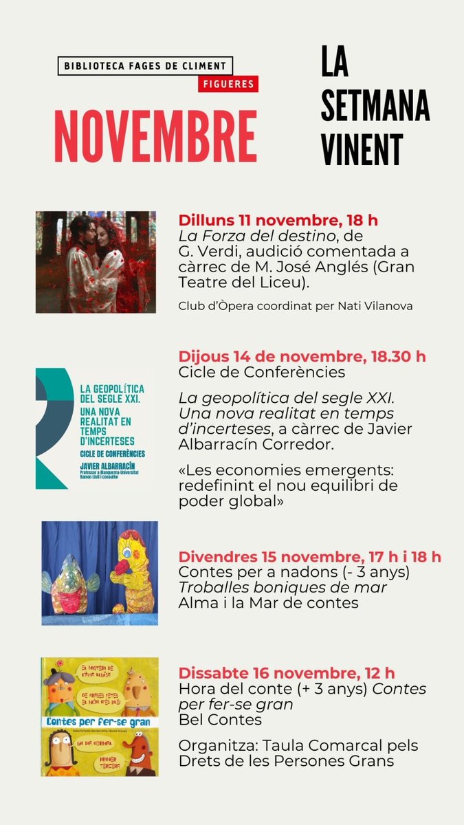 BiblioFigueres's tweet photo. Us desitgem molt bon cap de setmana i us recordem les propostes per la setmana que ve a la @BiblioFigueres: òpera, geopolítica i activitats pels més menuts de casa!

📌 Hores del conte amb inscripció prèvia a la Biblio o al Tel.972 677 084. https://t.co/v0Yzhr9vbH