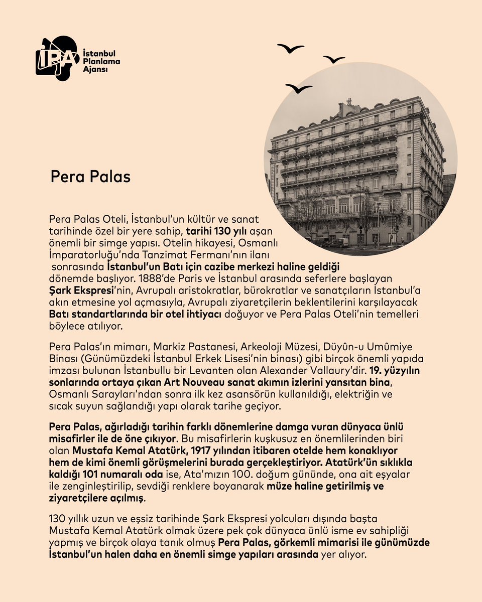🏛️ İstanbul’un Değerleri: Pera Palas 

İstanbul’un kültür ve sanat tarihinde özel bir yere sahip olan, 130 yılı aşkın tarihiyle Pera Palas Oteli, İstanbul’un en önemli simgelerinden biri olarak varlığını sürdürüyor. 🕰️

🚂 1888’de Paris-İstanbul arasında seferlere başlayan Şark