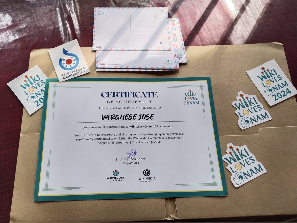 Thankyou <a href="/wikilovesonam/">Wiki Loves Onam</a>  <a href="/wikimediakerala/">Wikimedians of Kerala</a> for certificate and postcards ❤️❤️