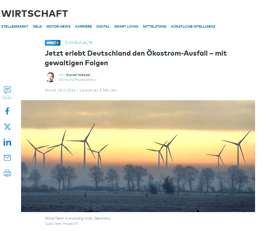 Alice_Weidel's tweet photo. Dunkelflaute, wie so oft im Winter: 30.000 Windradmonster und Millionen Solaranlagen verschandeln dann nutzlos die Landschaft. Die „Energiewende“ ist eine gigantische Fehlinvestition und Wohlstandsvernichtung. Schluss damit – vernünftige Energiepolitik nur mit der AfD! https://t.co/A73KOQ5xco