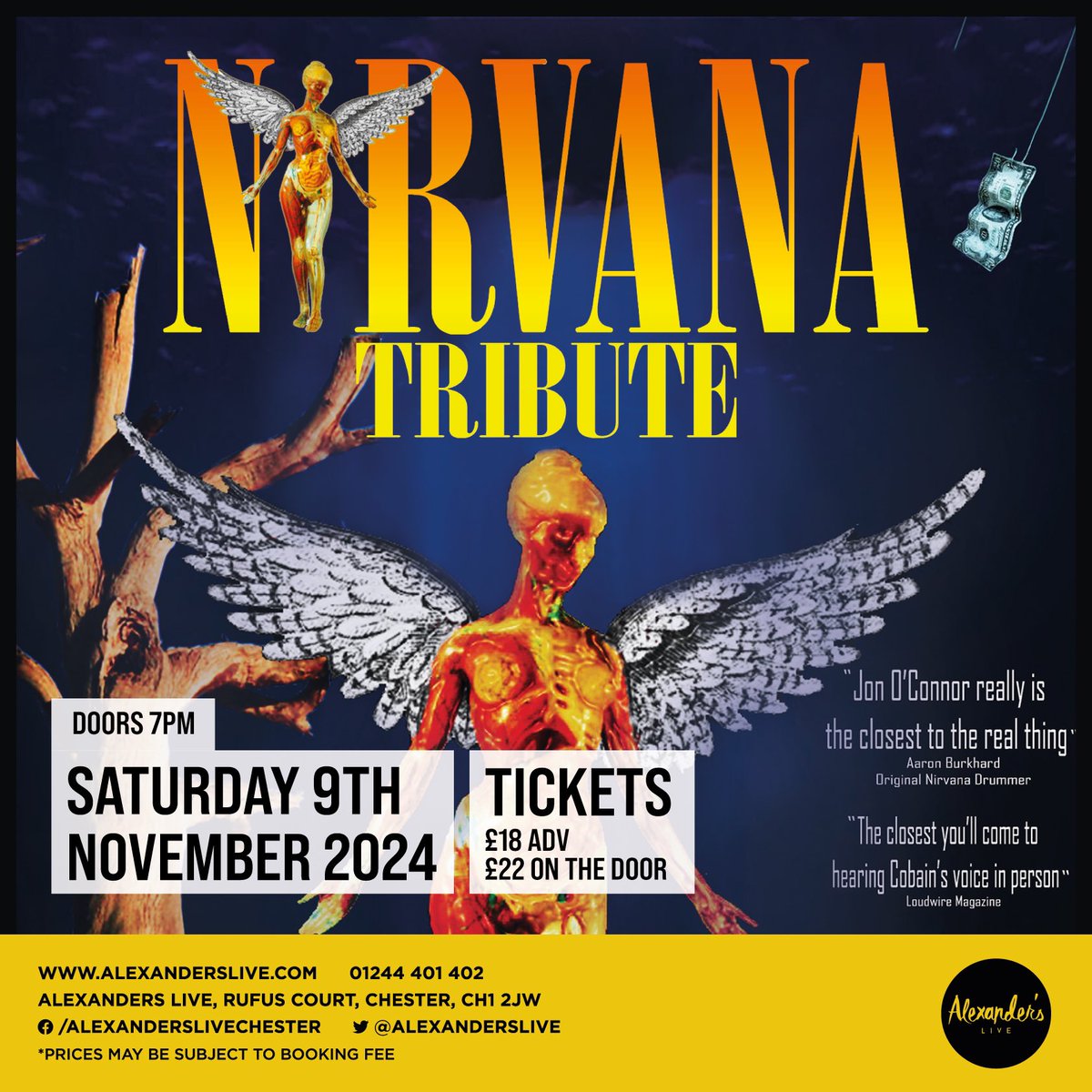 AlexandersLive's tweet photo. Final tickets for💥 @_NirvanaTribute 💥tonight available now or on the door. Support at 8pm from HEAD DENT. 
Happy hours in🙊 @4MonkeysChester 🙈before the show🍻
https://t.co/VDOaGjEMQr
@ShitChester @chestertweetsuk @chesterdotcom @Dee1063 @SkintChester @BeersInChester https://t.co/jbbik4Mt6D