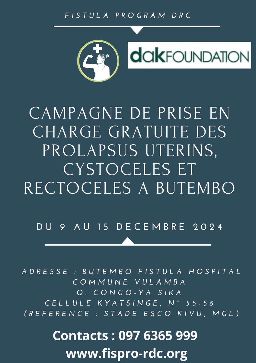 Dans le cadre de la prise en charge des prolapsus utérins, cystoceles et rectoceles, FisPro DRC a signé un partenariat avec Dak Foundation,une organisation Australienne.

Grâce à leur appui,nous allons soigner gratuitement les prolapsus utérins, cystoceles et rectoceles .