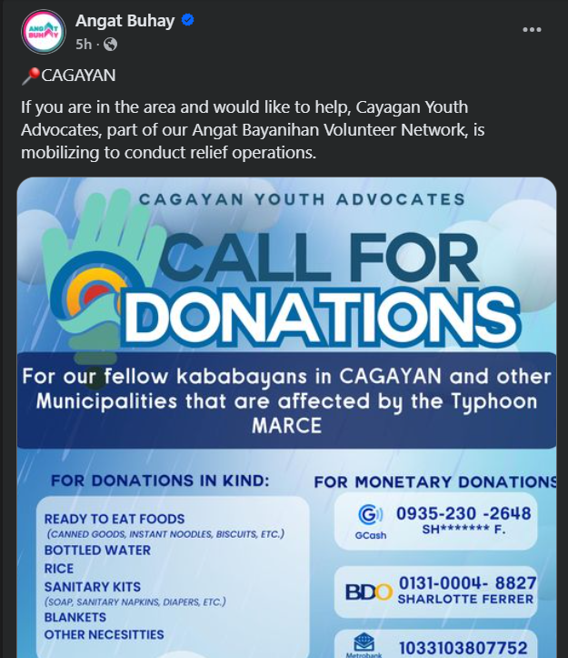 just_myboo's tweet photo. Good evening, everyone! Here are the donation details shared on Angat Buhay's Facebook page. They’re also looking for volunteers near areas affected by Typhoon Marce. I know Cagayan is quite far from the metro, but you can still help by spreading the word. Thank you! https://t.co/EkJgvjtUbB