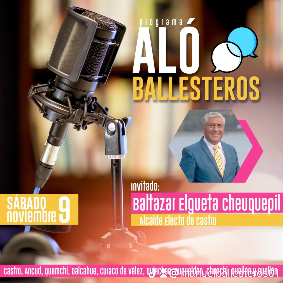 Hoy en nuestro programa radial " Alo Ballesteros " invitado Baltazar Elgueta Cheuquepil, Alcalde Electo de Castro.