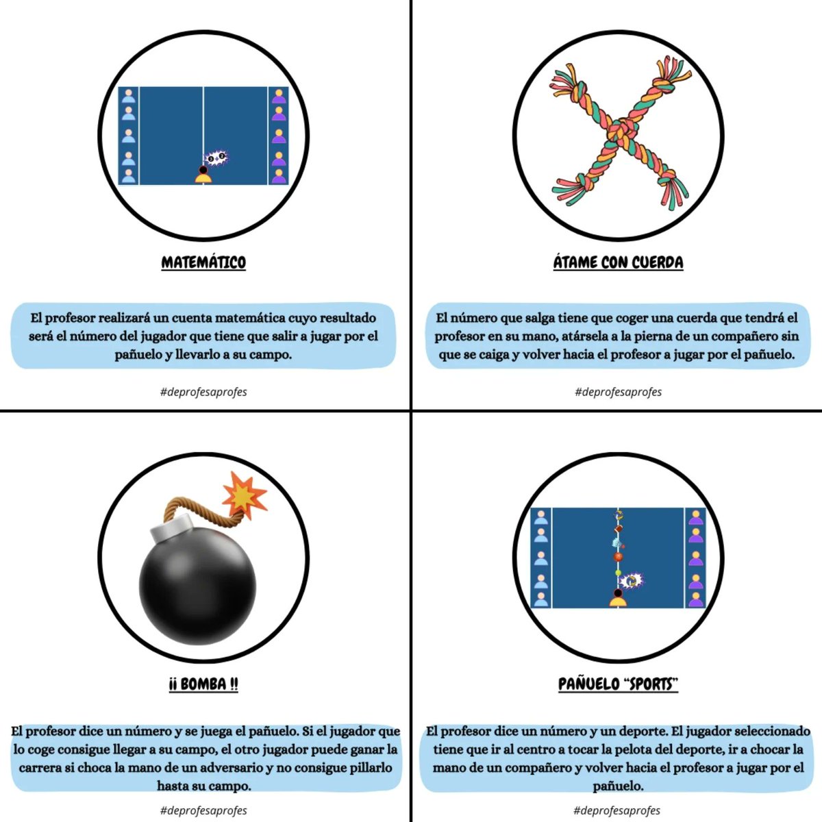 🔎JUEGOS BAJO LA LUPA🔍 -EL PAÑUELO-

 Un juego maravilloso de velocidad de reacción.

Variantes:

1. Matemático 🧮 
2. Atame con cuerda 🪢
3. Bomba 💣 
4. Pañuelo "sports" 🏈⚽🥎🏀🏐

Cuéntame más variantes en comentarios 

#deprofesaprofes