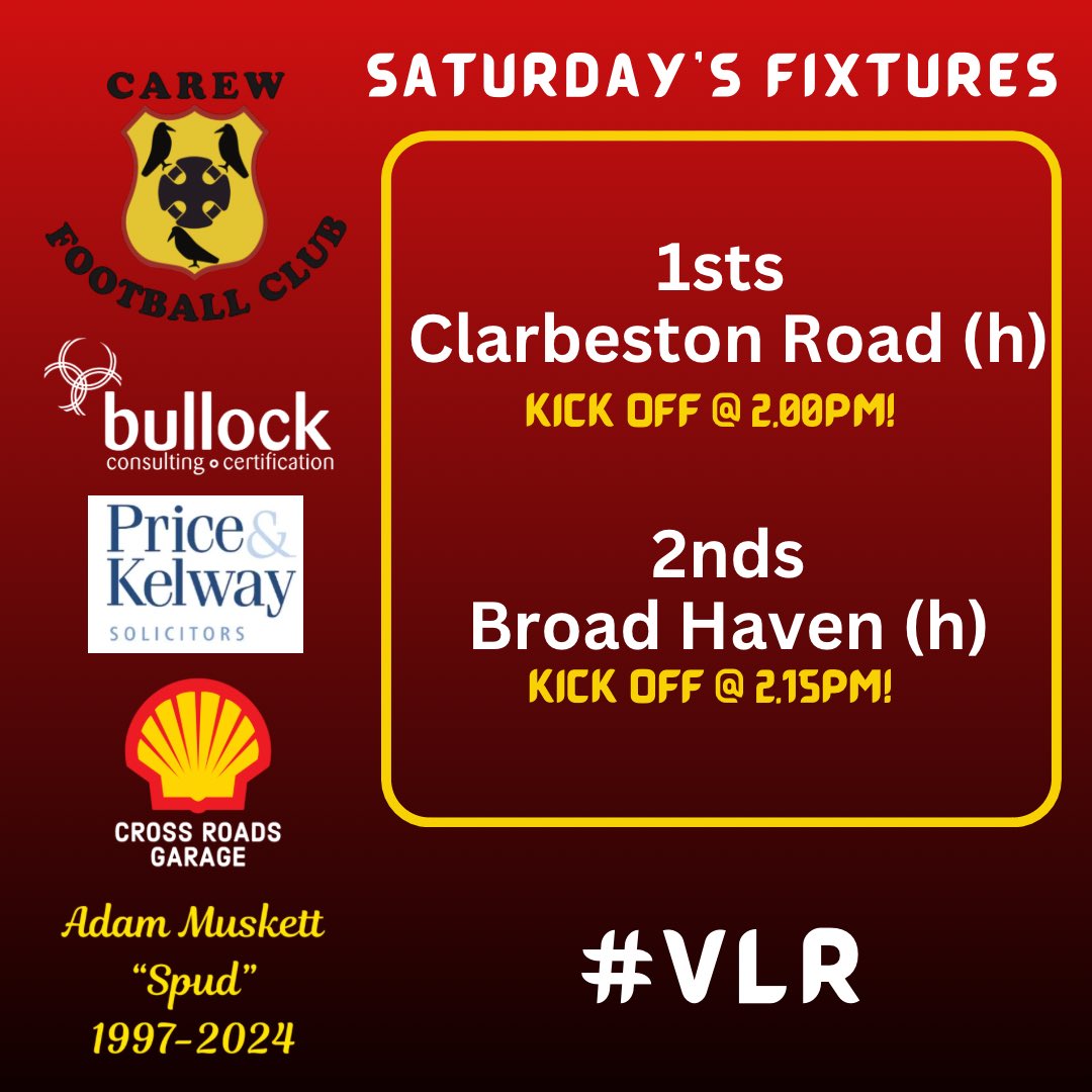 Today’s fixtures! ⚽️ two games at Carew! Good luck to both teams 🔴⚫️🟡 #VLR