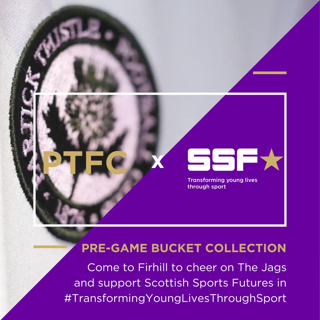 SSF_Futures's tweet photo. Firhill for Thrills (and charitable acts)! ⚽x💜SSF staff and young people will be collecting at @PartickThistle today.

We admire the work of @ThistleTrust and @JagsForGood, so hope to chat to their supporters before we take to the stands. Come say hi and donate if you can! https://t.co/yt8X8dy6al