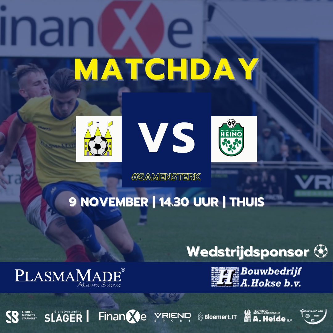 vvstaphorst's tweet photo. 🟡🔵 𝗜𝘁'𝘀 𝗠𝗮𝘁𝗰𝗵𝗱𝗮𝘆! ⚽️
Vandaag komt @vvHeino op bezoek.
Wedstrijdsponsor: @BouwbedrHokse
⚽️ vv Staphorst - vv Heino
🏆 4e Divisie D.
🕝 Aanvang 14:30u
🏟 Sportpark Het Noorderslag
📲 #stahei
#samensterk #kopdrveur @vierdedivisie @sportstentorzwo https://t.co/T4X6f8JUOq