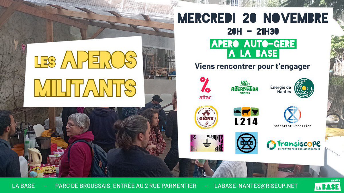 Tu souhaites découvrir les organisations écologistes de #Nantes ou créer du lien avec d’autres militant·e·s ? 

🤗 Viens nous rencontrer à la BASE 2 rue Parmentier !

Tu pourras partager quelque chose à manger et à boire tout en discutant avec des militant·e·s investi·e·s ✊🏾✊🏻✊🏽