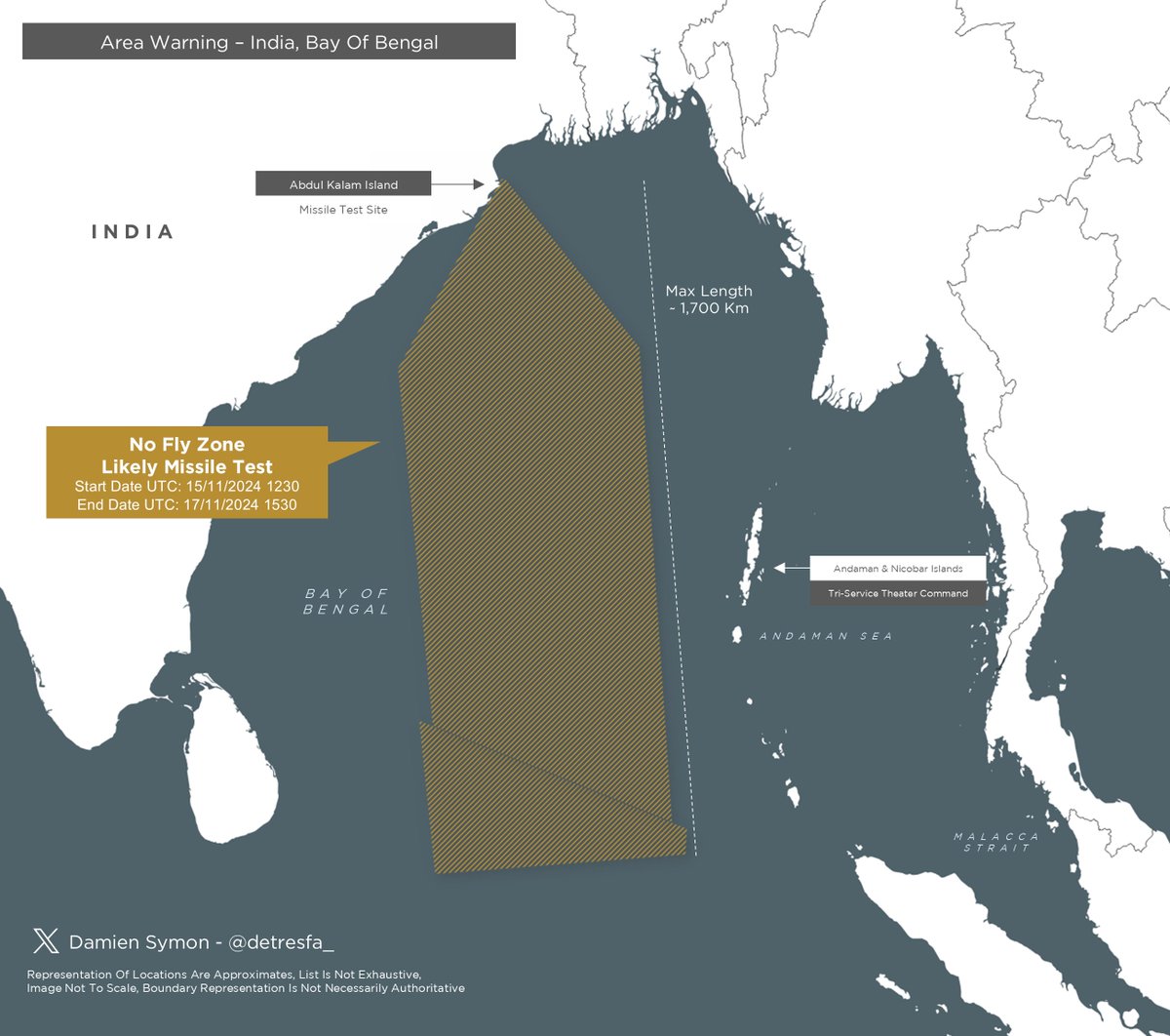 detresfa_'s tweet photo. #AreaWarning #India issues a notification for a likely Navy related missile test in the Bay of Bengal region
Date | 15-17 November 2024 https://t.co/EBpC6W6bYW