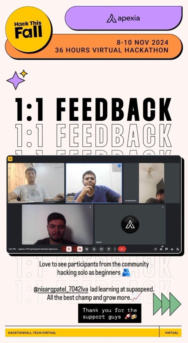 NisargPatel5563's tweet image. Grateful for the incredible 1:1 feedback session with @apexia_club! 🚀🍻 Huge thanks for the support and guidance that boosted my confidence to tackle this project. Excited to push forward and see where this journey leads @hackthisfall! 🌱💡#HackThisFallVirtual  #CommunitySupport