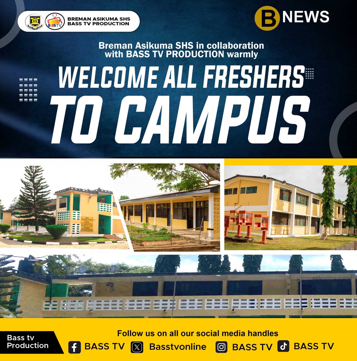 Basstvonline's tweet photo. BASS TV Production, in collaboration with Breman Asikuma SHS, extends a warm welcome to all freshers joining us on campus! We're excited to have you as part of our community and look forward to an incredible journey together. https://t.co/cYdSLrHfBt