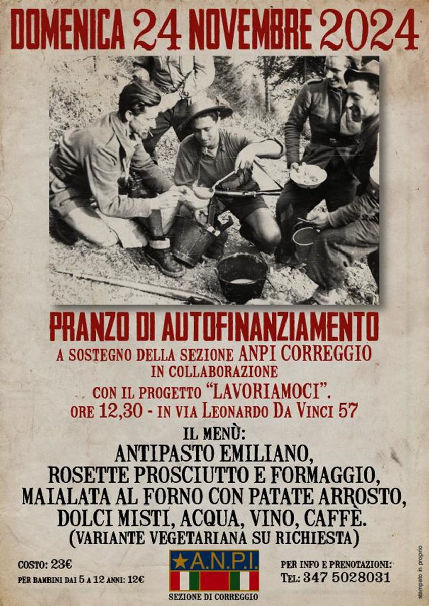 Domenica 24 novembre i nostri amici di Anpi di Correggio si trovano a pranzo. Chi si unisce?
Tutte le informazioni sono nel volantino!
