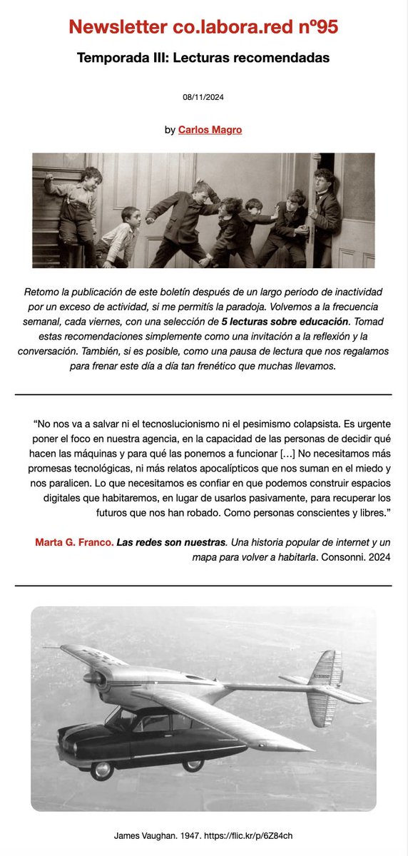 Carlos Magro (@c_magro) on Twitter photo Ayer, tras un parón de unos meses, retomé el boletín semanal con mis 5 lecturas recomendadas sobre educación. Hay textos de <a href="/ainatarabini/">Aina Tarabini</a> @judejaco @Neil_Selwyn @crendueles <a href="/algonhermen/">Alfonso González Hermoso de Mendoza</a>. La cita es del estupendo libro Las redes son nuestras de <a href="/teclista/">@teclista@mas.to</a> 👇
us18.campaign-archive.com/?u=1b712ce1376… Ayer, tras un parón de unos meses, retomé el boletín semanal con mis 5 lecturas recomendadas sobre educación. Hay textos de <a href="/ainatarabini/">Aina Tarabini</a> @judejaco @Neil_Selwyn @crendueles <a href="/algonhermen/">Alfonso González Hermoso de Mendoza</a>. La cita es del estupendo libro Las redes son nuestras de <a href="/teclista/">@teclista@mas.to</a> 👇
us18.campaign-archive.com/?u=1b712ce1376…