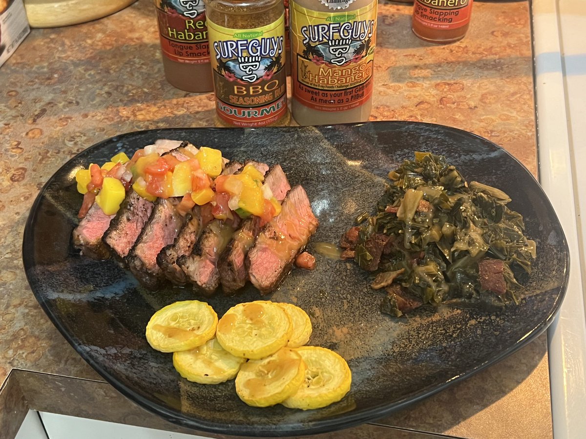 SurfguysHotSauc's tweet photo. Grilled RibEye steak with our gourmet seasoning rub with a tropical salsa, yellow squash, and smoked bacon infused collard greens. Kicked up with our award winning mango/habanero hot sauce.
#steak #awardwinning #mangohabanerohotsauce #fridaynightfood #foodie https://t.co/nxBCEN2F8R