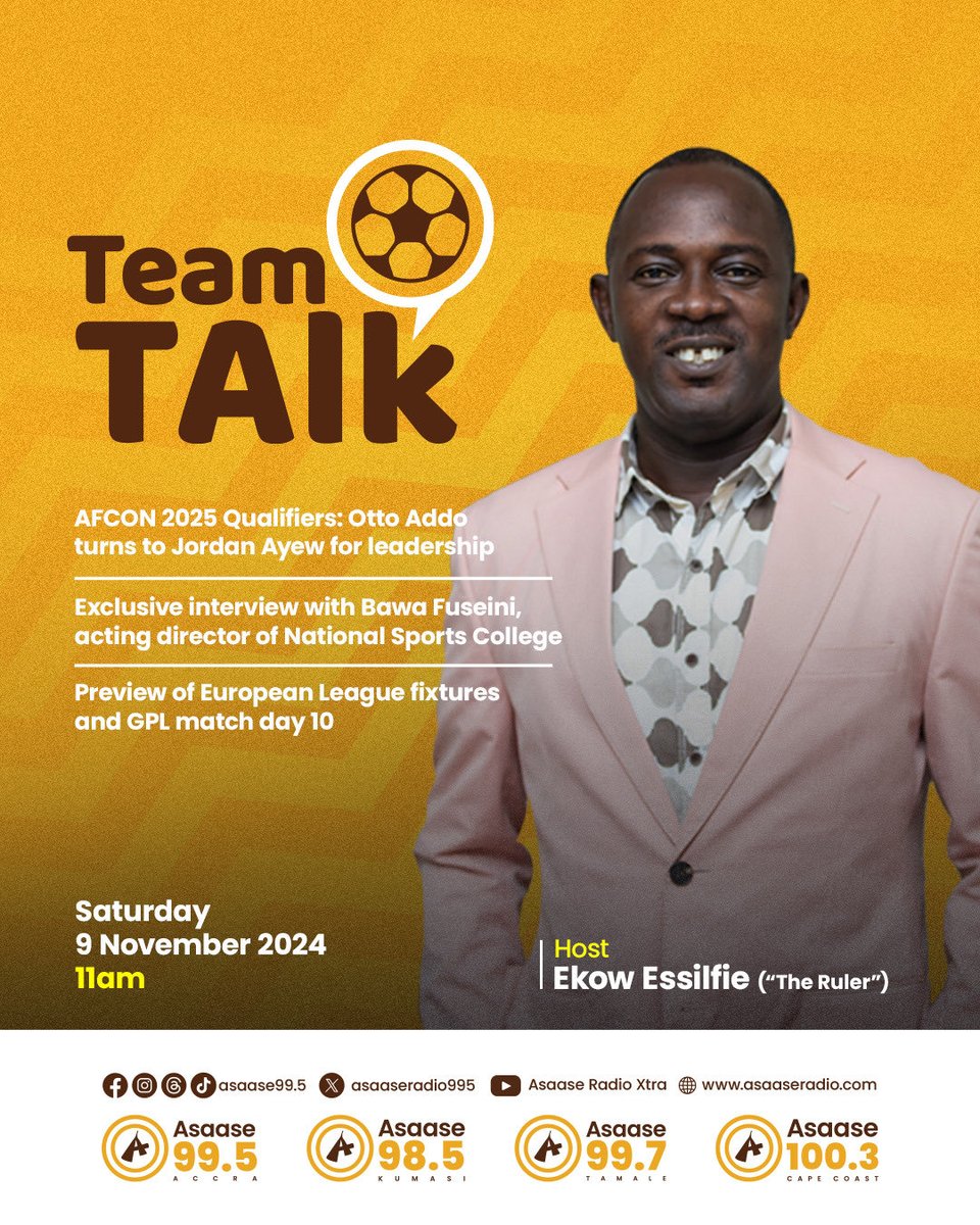 nigyyspan's tweet photo. Tune in to Team Talk, Saturday, 11am!
Ekow Nigyys Essilfie discusses:
- AFCON 2025 Qualifiers latest
- Exclusive interview with Bawa Fuseini
- European League and GPL previews!
#TeamTalk #TheVoiceofOurLand #AsaaseRadio https://t.co/hwbp2pUgjw