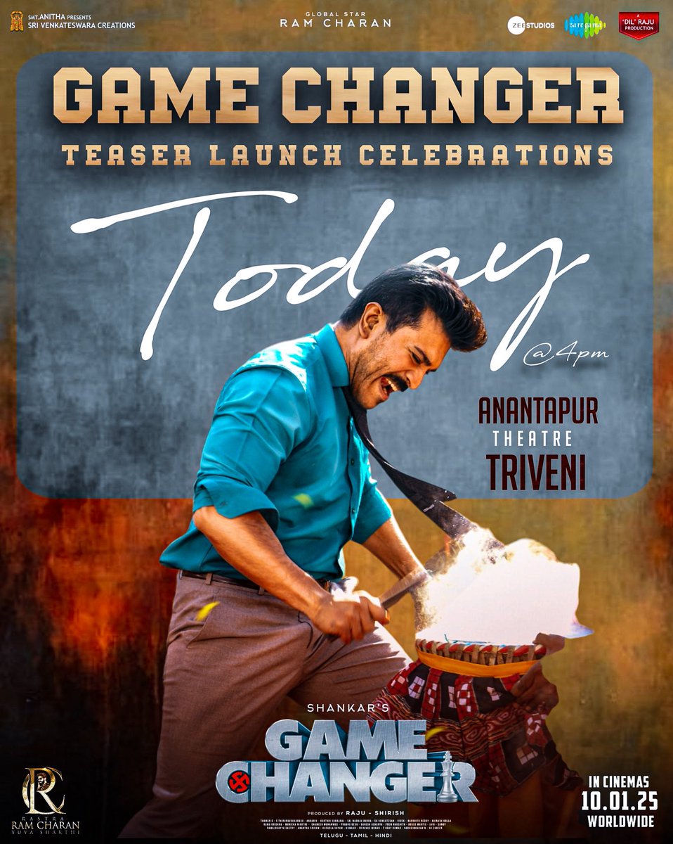 MEGA SUPPORTERS (@megasupporters) on Twitter photo GLOBAL STAR <a href="/AlwaysRamCharan/">Ram Charan</a> garu's cults
Get ready for Mass celebrations of
#GameChangerTeaser 🔥Release today at
📍Ananthpur Triveni Theatre from 4pm
<a href="/shankarshanmugh/">Shankar Shanmugham</a> <a href="/advani_kiara/">Kiara Advani</a>
<a href="/MusicThaman/">thaman S</a> <a href="/SVC_official/">Sri Venkateswara Creations</a>
#GameChagerTeaser
#GameChangerOnJAN10 🚁
#RamCharan GLOBAL STAR <a href="/AlwaysRamCharan/">Ram Charan</a> garu's cults
Get ready for Mass celebrations of
#GameChangerTeaser 🔥Release today at
📍Ananthpur Triveni Theatre from 4pm
<a href="/shankarshanmugh/">Shankar Shanmugham</a> <a href="/advani_kiara/">Kiara Advani</a>
<a href="/MusicThaman/">thaman S</a> <a href="/SVC_official/">Sri Venkateswara Creations</a>
#GameChagerTeaser
#GameChangerOnJAN10 🚁
#RamCharan