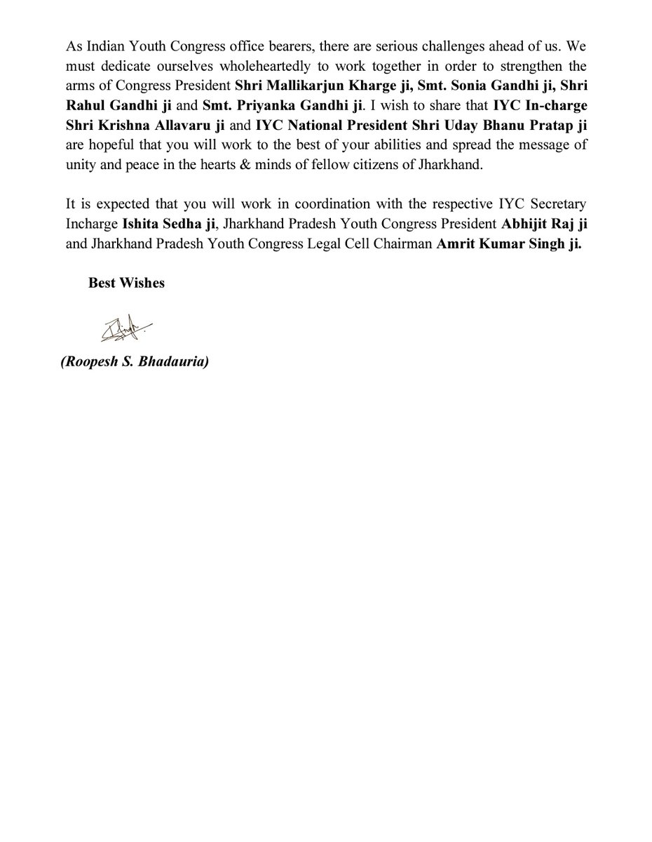 IYCLegalCell's tweet photo. We are honored to formally announce the formation of the @IYCJharkhand Legal Cell Coordination Committee in preparation for the upcoming Jharkhand State Assembly elections. 

This committee is entrusted with the crucial responsibility of providing legal guidance, ensuring compliance, and facilitating strategic coordination to support a smooth and effective electoral process.

@INCJharkhand_
@ishitasedhaiyc
@AbhijitRajINC
@c3amrit